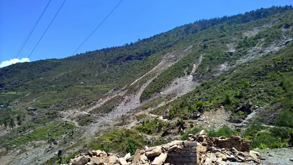 Landslide scars above the road to the Langtang valley